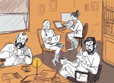 Starfsmenn Þjóðfræðistofu að störfum, teiknuð af Sunnevu Guðrúnu Þórðardóttur